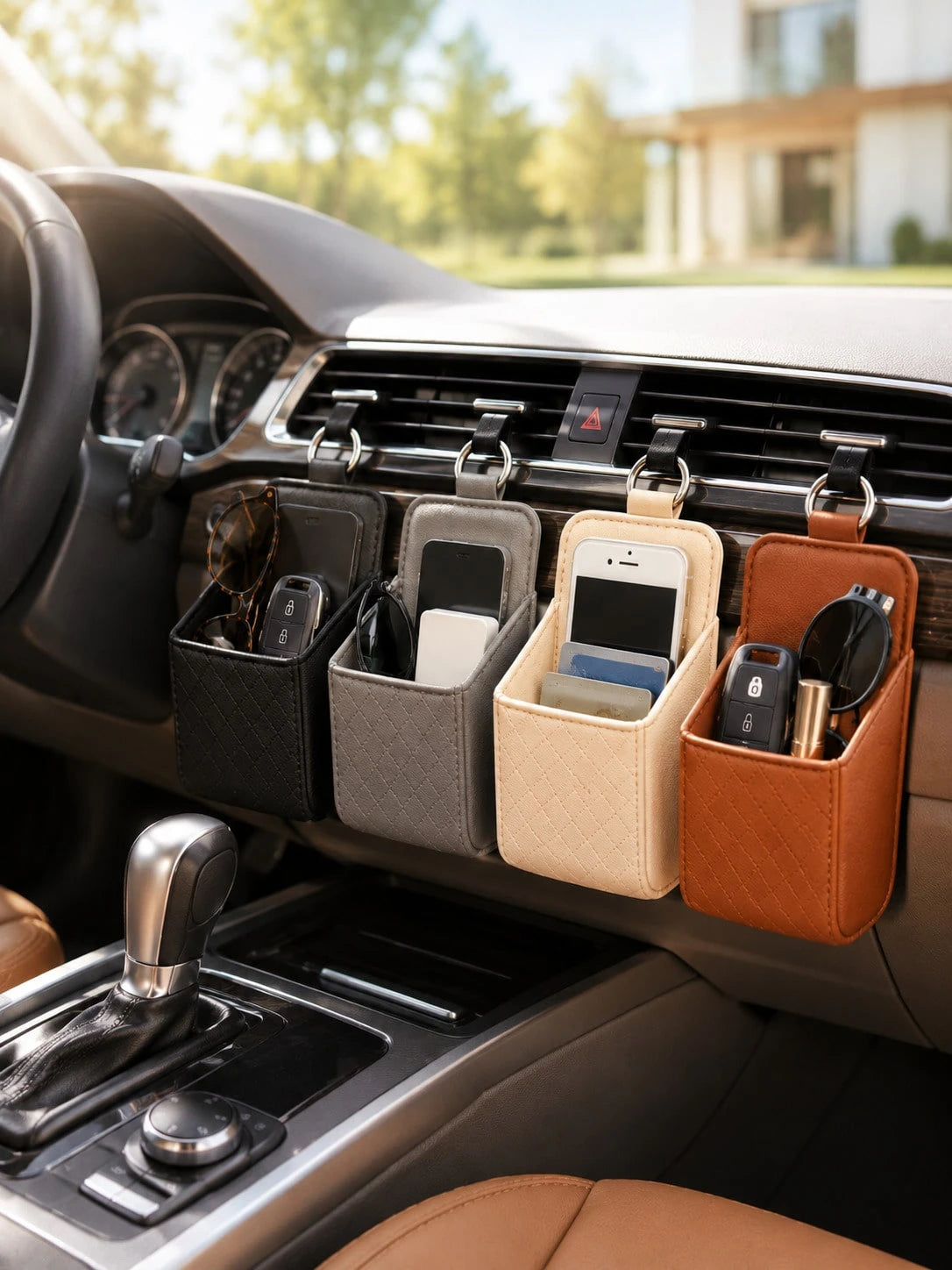 Car Air Vent Storage Box PU Leather Hanging Storage Bag Phone Glasses Keys Coins Cards Organizer Universal Car Interior Accessory Suitable For Sedan SUV Truck
