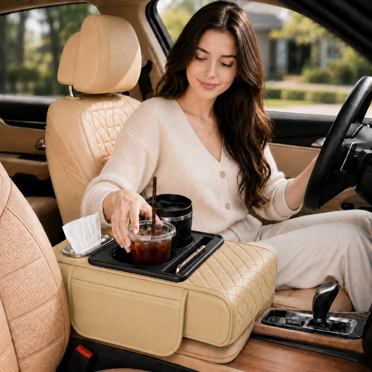 Car Armrest Cushion,5-In-1 Center Console Cover With 2 Storage Bags Cup Holder, Tissue Box Slot, Phone Slot For Sedans, Car Accessories Interior Organizers