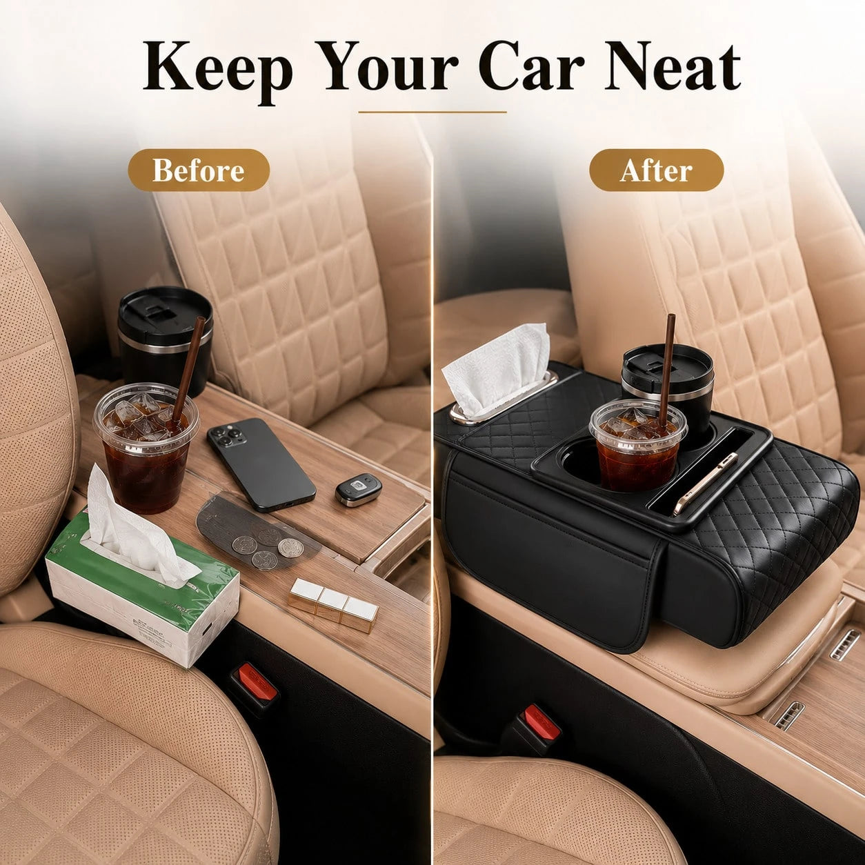 Car Armrest Cushion,5-In-1 Center Console Cover With 2 Storage Bags Cup Holder, Tissue Box Slot, Phone Slot For Sedans, Car Accessories Interior Organizers