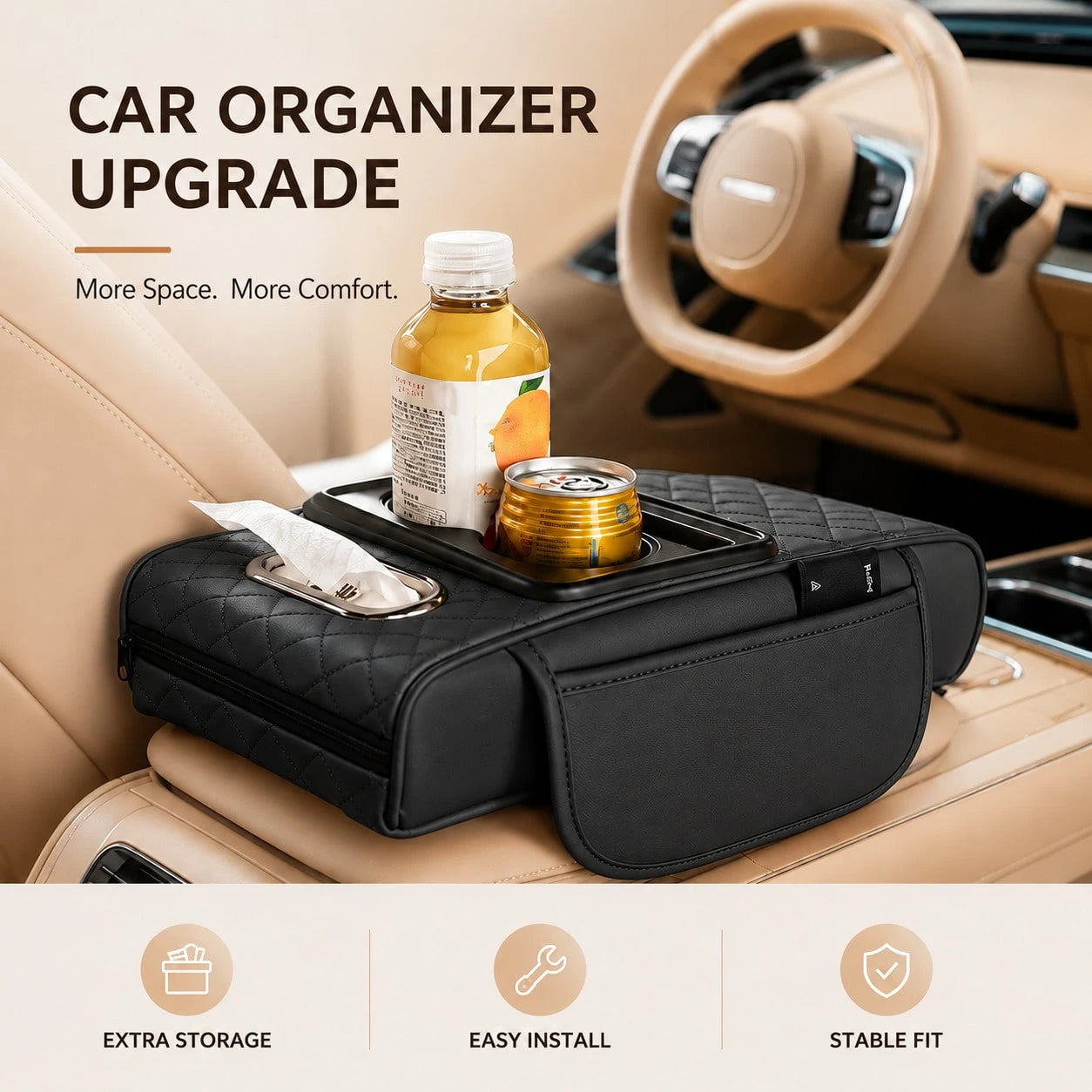 Car Armrest Cushion,5-In-1 Center Console Cover With 2 Storage Bags Cup Holder, Tissue Box Slot, Phone Slot For Sedans, Car Accessories Interior Organizers