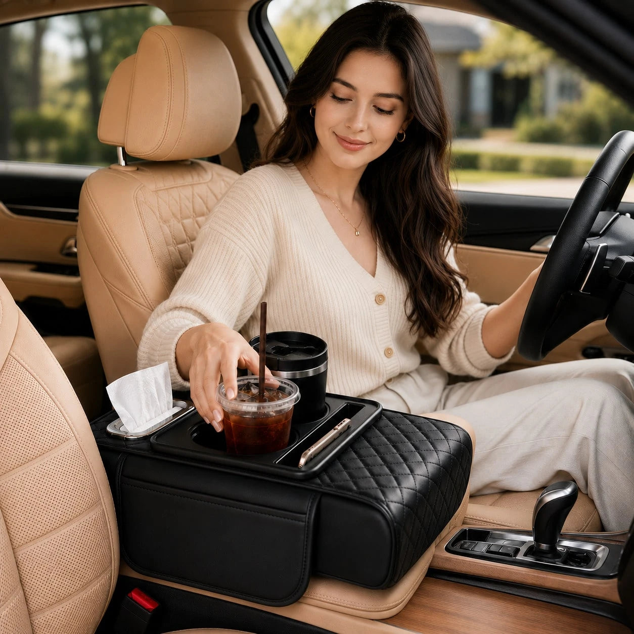 Car Armrest Cushion,5-In-1 Center Console Cover With 2 Storage Bags Cup Holder, Tissue Box Slot, Phone Slot For Sedans, Car Accessories Interior Organizers
