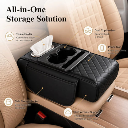 Car Armrest Cushion,5-In-1 Center Console Cover With 2 Storage Bags Cup Holder, Tissue Box Slot, Phone Slot For Sedans, Car Accessories Interior Organizers