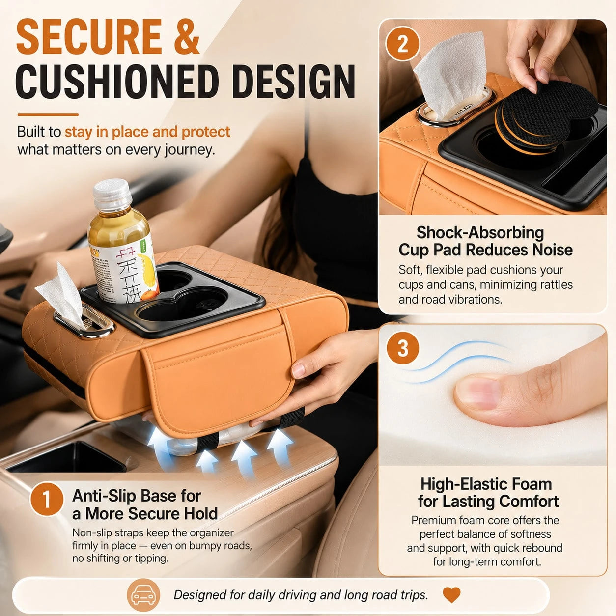 Car Armrest Organizer Cushion, Universal Center Console Storage Box Cover With Cup Holder, Tissue Slot, Phone Tray & Soft Armrest Pad, Quilted Leather Auto Interior Accessories For Car, SUV & Truck