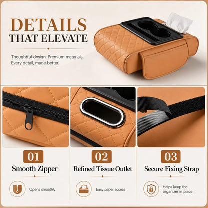 Car Armrest Organizer Cushion, Universal Center Console Storage Box Cover With Cup Holder, Tissue Slot, Phone Tray & Soft Armrest Pad, Quilted Leather Auto Interior Accessories For Car, SUV & Truck