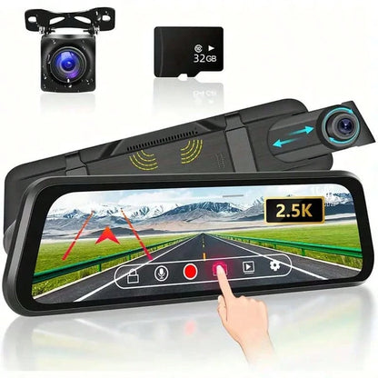 Car Camera, 4K Rear View Mirror Camera With 32G TF Card, 9.66 Inch Mirror Dash Cam Front And Rear, 2.5K IPS Touch Screen Loop Recording/G-Sensor/ 24H Parking Monitor/ 150°+ 120° Wide Angel/Night Visio
