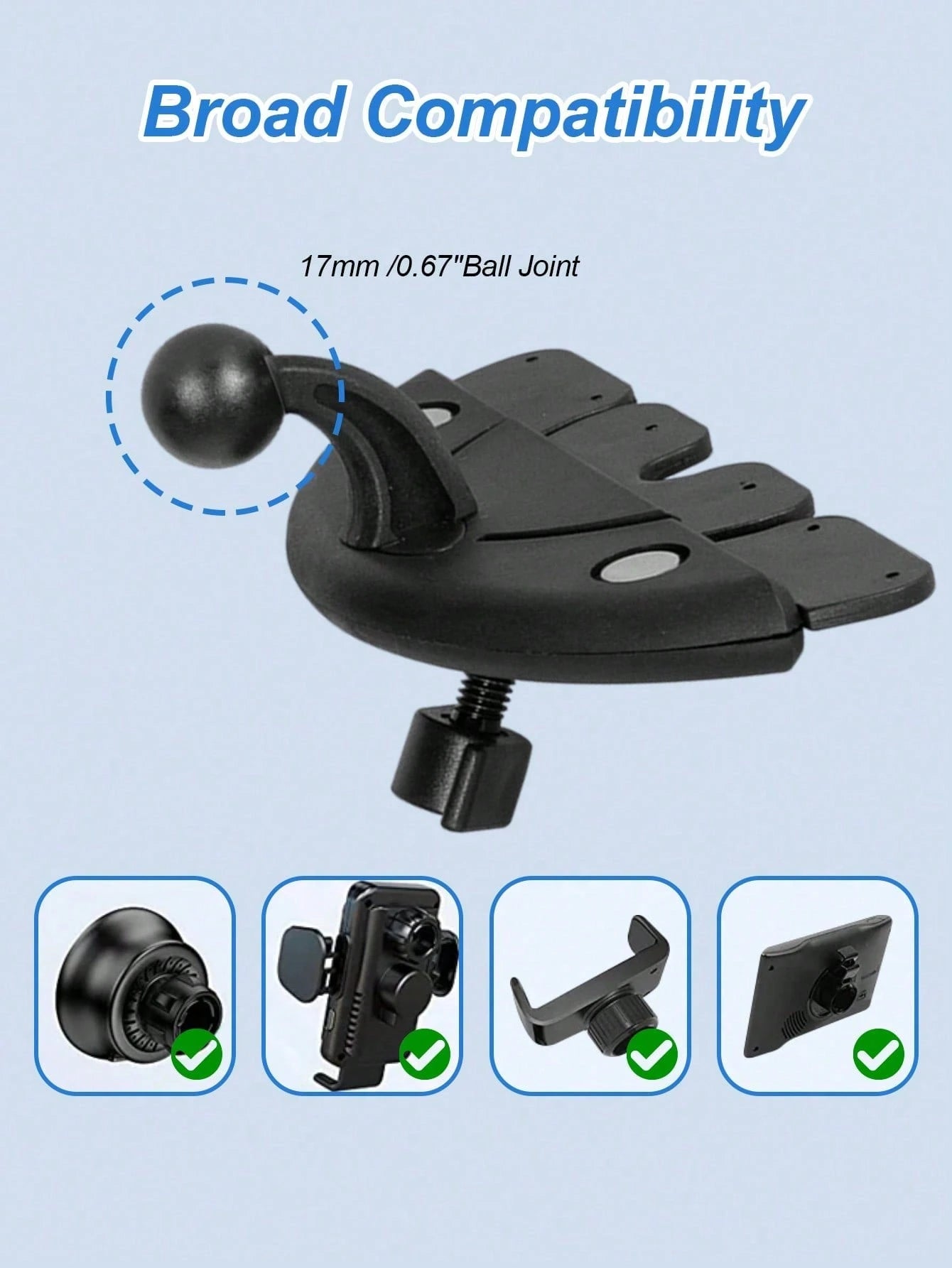 Car CD Slot Phone Holder- Universal Magnetic Base With 17mm Ball Joint, 360° Rotation, Strong Suction Cup, Non-Slip, Suitable For All Car Phone Holders, Easy To Install In CD Media Slot, Applicable F