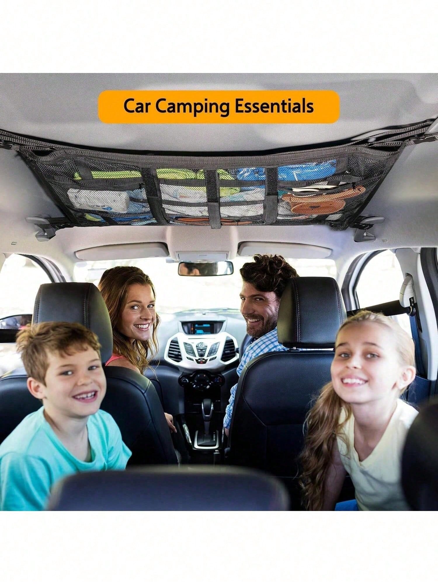 Car Ceiling Cargo Net Pocket, Double-Layer Mesh Roof Organizer, Roof Storage Net, Travel/Trip/Camping Essential Accessories, Universal For Most Cars, Trucks, SUVs (Black)