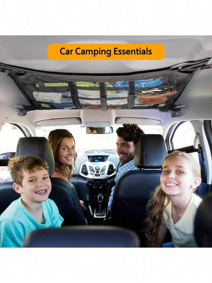 Car Ceiling Cargo Net Pocket, Double-Layer Mesh Roof Organizer, Roof Storage Net, Travel/Trip/Camping Essential Accessories, Universal For Most Cars, Trucks, SUVs (Black)