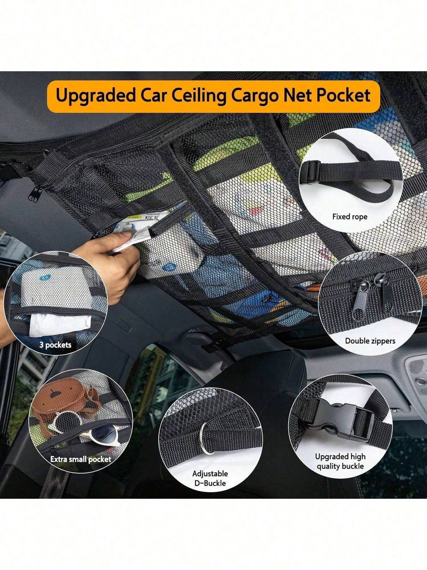 Car Ceiling Cargo Net Pocket, Double-Layer Mesh Roof Organizer, Roof Storage Net, Travel/Trip/Camping Essential Accessories, Universal For Most Cars, Trucks, SUVs (Black)