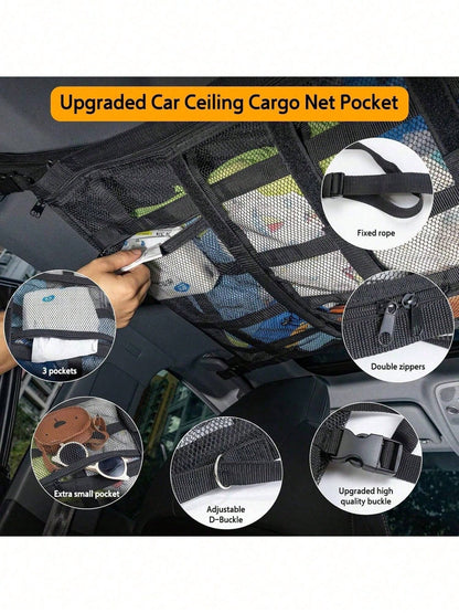 Car Ceiling Cargo Net Pocket, Double-Layer Mesh Roof Organizer, Roof Storage Net, Travel/Trip/Camping Essential Accessories, Universal For Most Cars, Trucks, SUVs (Black)