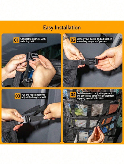 Car Ceiling Cargo Net Pocket, Double-Layer Mesh Roof Organizer, Roof Storage Net, Travel/Trip/Camping Essential Accessories, Universal For Most Cars, Trucks, SUVs (Black)