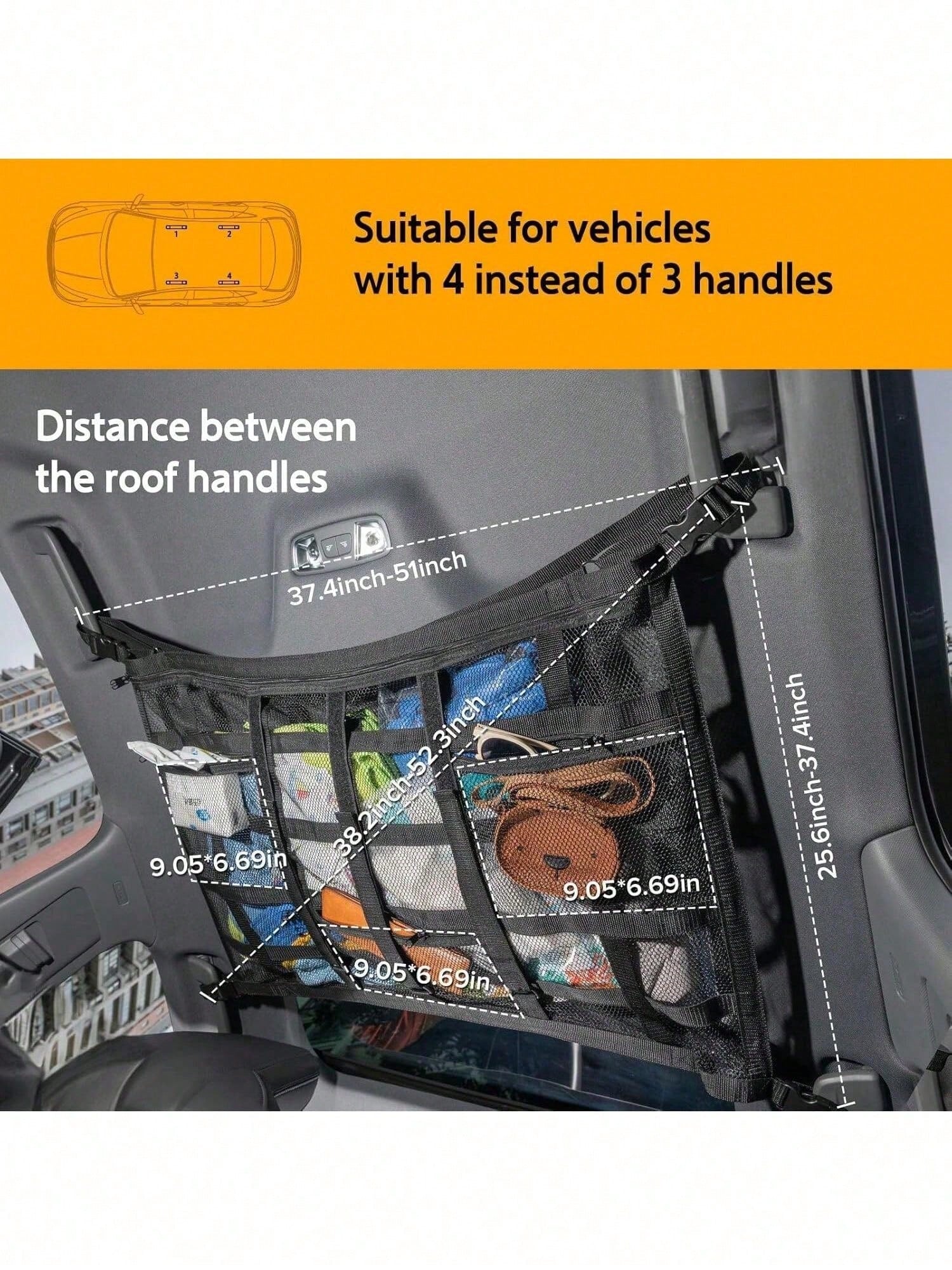 Car Ceiling Cargo Net Pocket, Double-Layer Mesh Roof Organizer, Roof Storage Net, Travel/Trip/Camping Essential Accessories, Universal For Most Cars, Trucks, SUVs (Black)