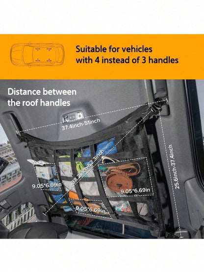 Car Ceiling Cargo Net Pocket, Double-Layer Mesh Roof Organizer, Roof Storage Net, Travel/Trip/Camping Essential Accessories, Universal For Most Cars, Trucks, SUVs (Black)
