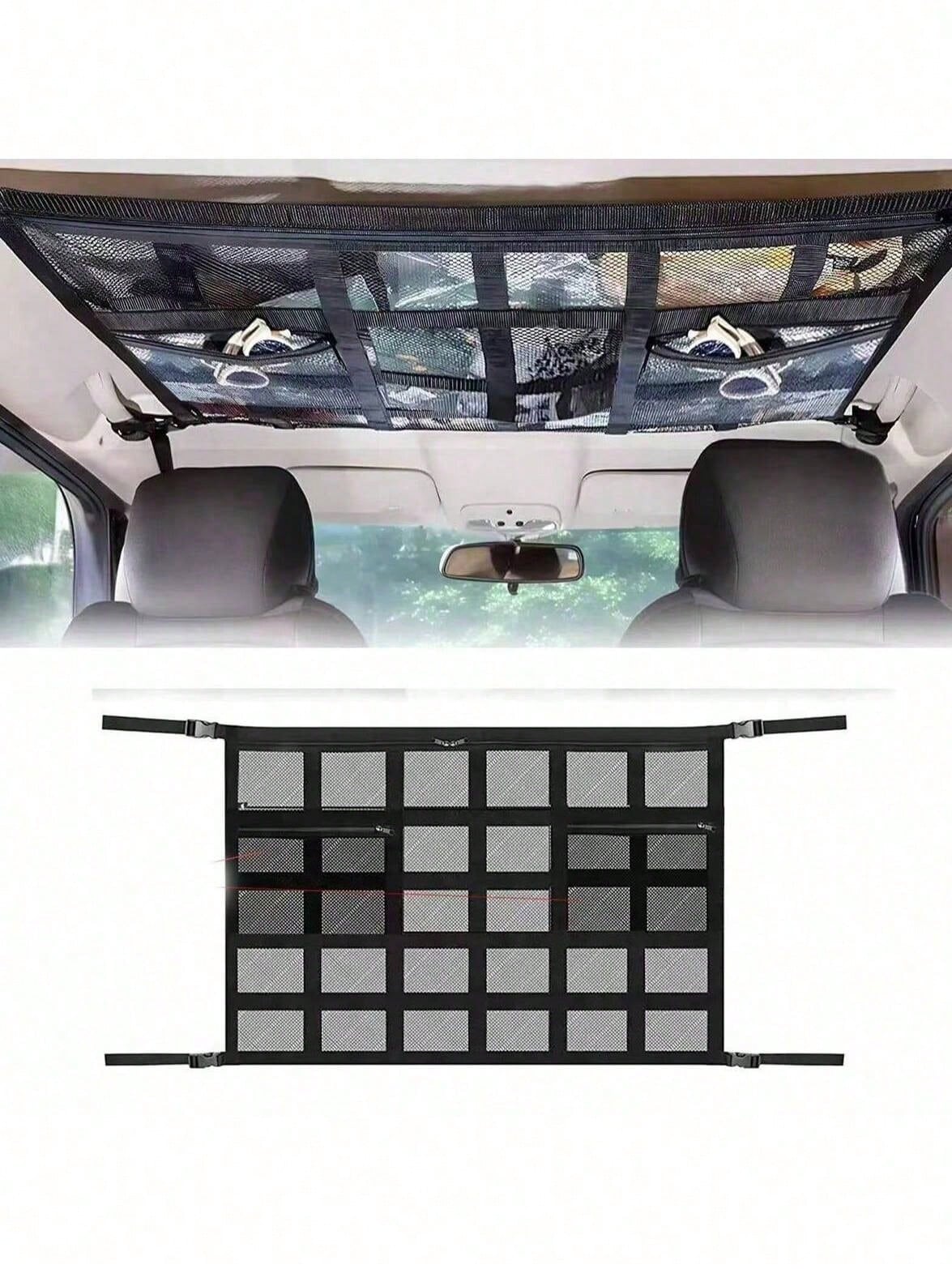Car Ceiling Cargo Net Pocket, Double-Layer Mesh Roof Organizer, Roof Storage Net, Travel/Trip/Camping Essential Accessories, Universal For Most Cars, Trucks, SUVs (Black)
