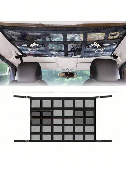 Car Ceiling Cargo Net Pocket, Double-Layer Mesh Roof Organizer, Roof Storage Net, Travel/Trip/Camping Essential Accessories, Universal For Most Cars, Trucks, SUVs (Black)