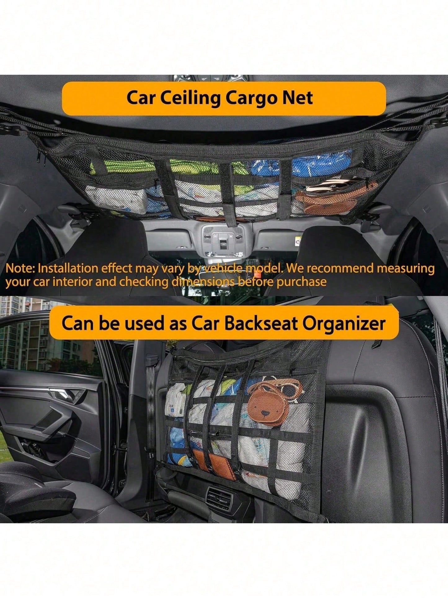 Car Ceiling Cargo Net Pocket, Double-Layer Mesh Roof Organizer, Roof Storage Net, Travel/Trip/Camping Essential Accessories, Universal For Most Cars, Trucks, SUVs (Black)