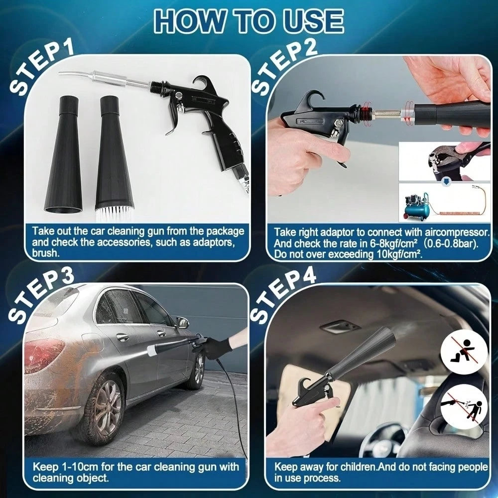 Car Cleaning Gun Interior Detail Blower With 3 EU US JP Interface Adapters Portable Dust Blower For AI Assisted Car Detailing Cordless No Battery Needed