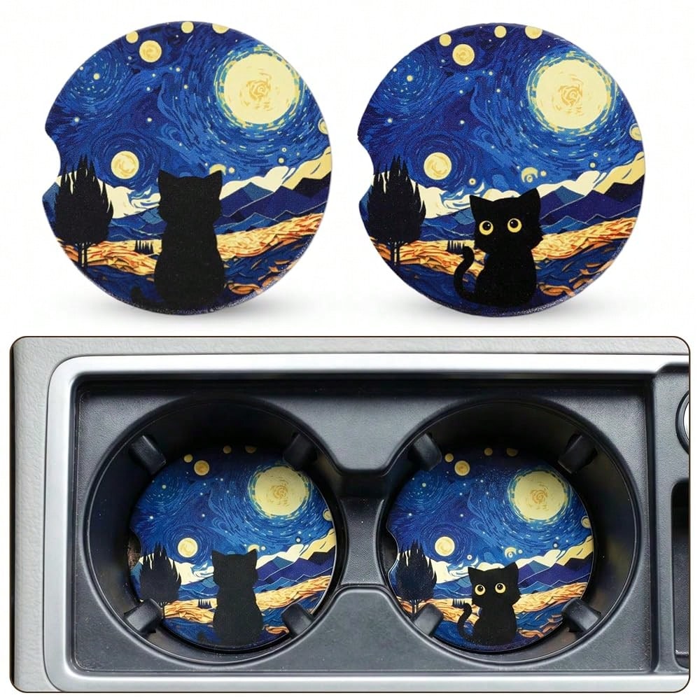 Car Coasters For Cup Holders- 2 Pack Black Cat Cup Holder Coasters For Car With Finger Notch, 2.56 Inch Cars Ceramic Interior Accessor