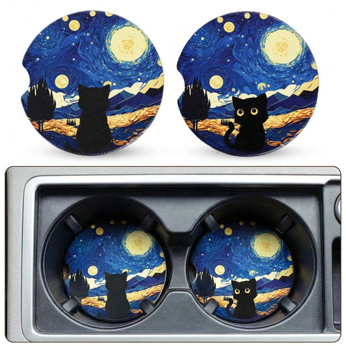 Car Coasters For Cup Holders- 2 Pack Black Cat Cup Holder Coasters For Car With Finger Notch, 2.56 Inch Cars Ceramic Interior Accessor