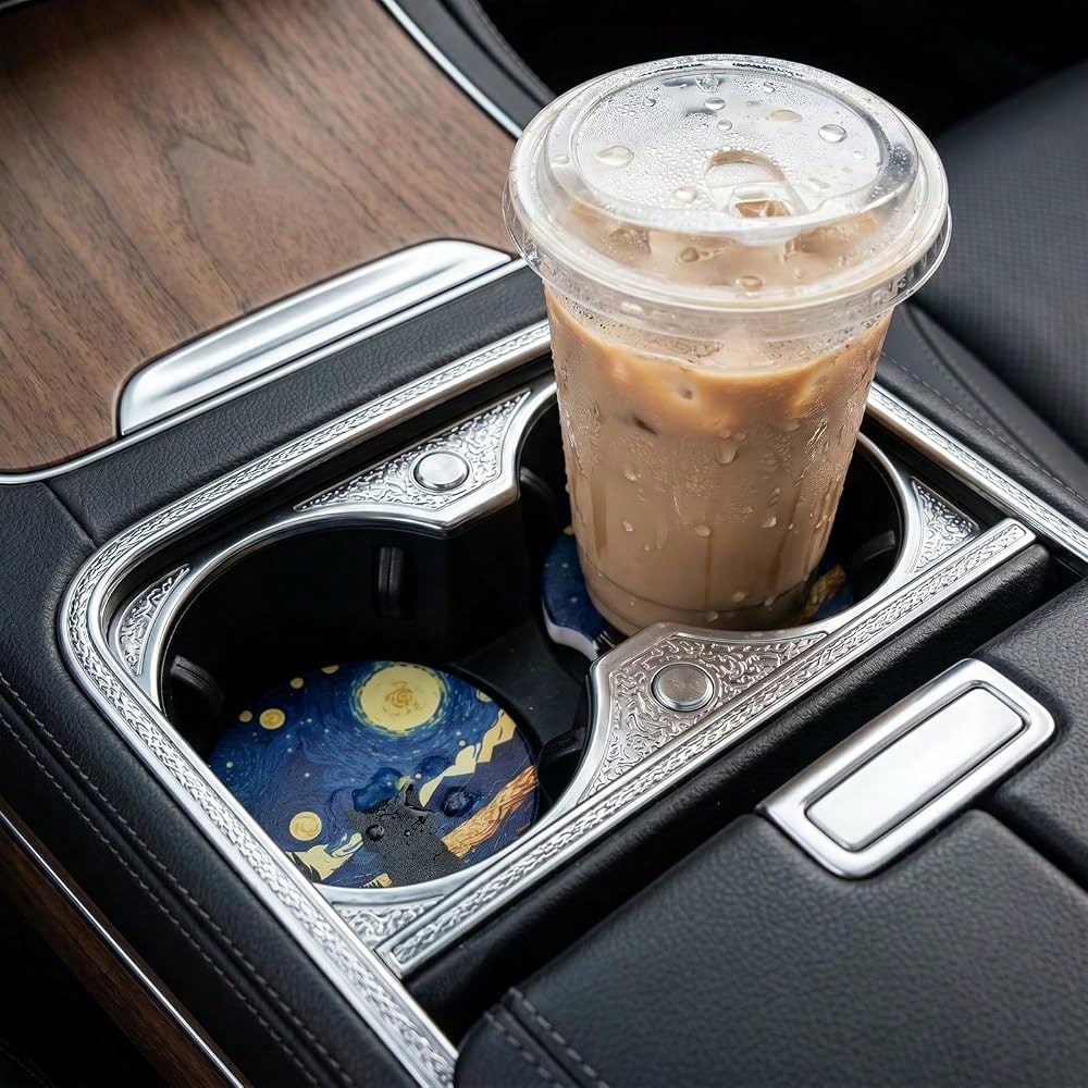 Car Coasters For Cup Holders- 2 Pack Black Cat Cup Holder Coasters For Car With Finger Notch, 2.56 Inch Cars Ceramic Interior Accessor