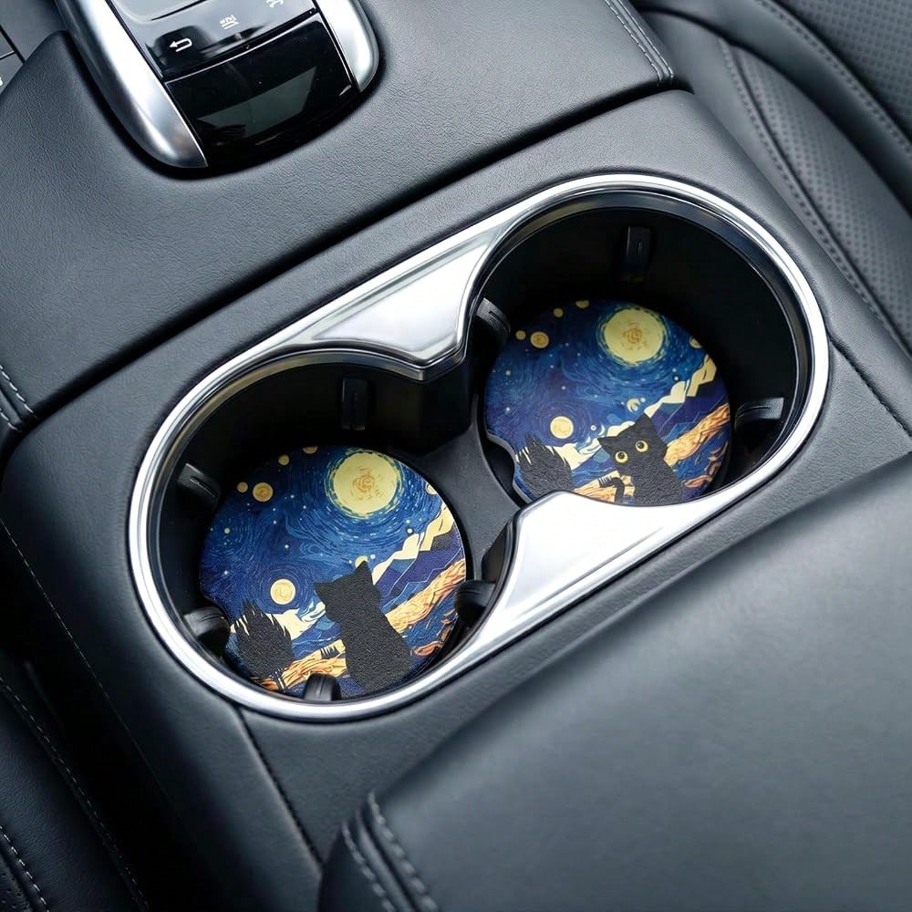 Car Coasters For Cup Holders- 2 Pack Black Cat Cup Holder Coasters For Car With Finger Notch, 2.56 Inch Cars Ceramic Interior Accessor