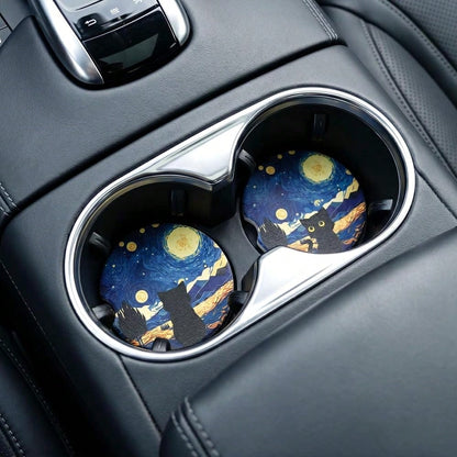Car Coasters For Cup Holders- 2 Pack Black Cat Cup Holder Coasters For Car With Finger Notch, 2.56 Inch Cars Ceramic Interior Accessor