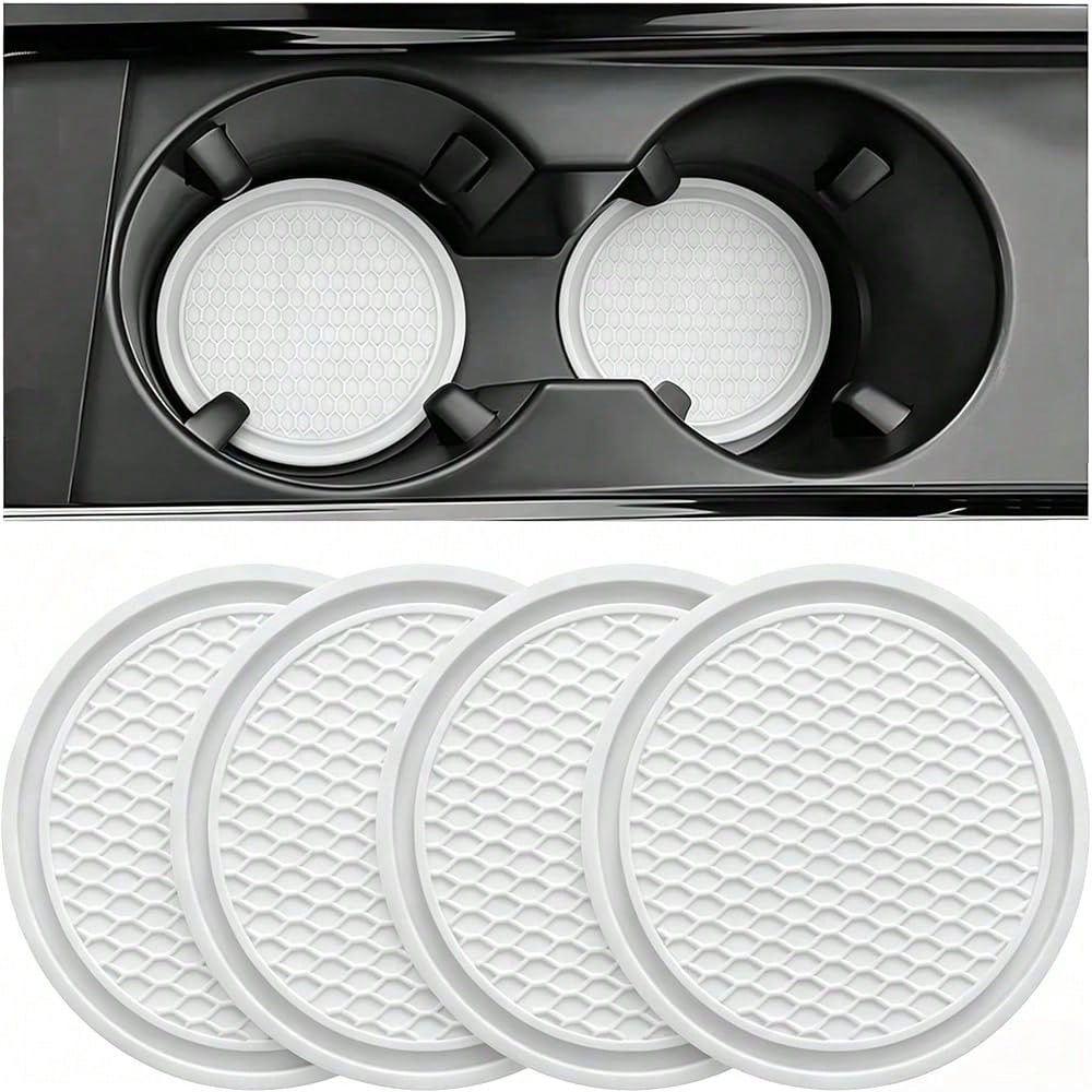 Car Cup Coaster, 4PCS Universal Auto Non-Slip Cup Holder Embedded In Ornaments Silicone Coaster, Car Interior Accessories Sets, White
