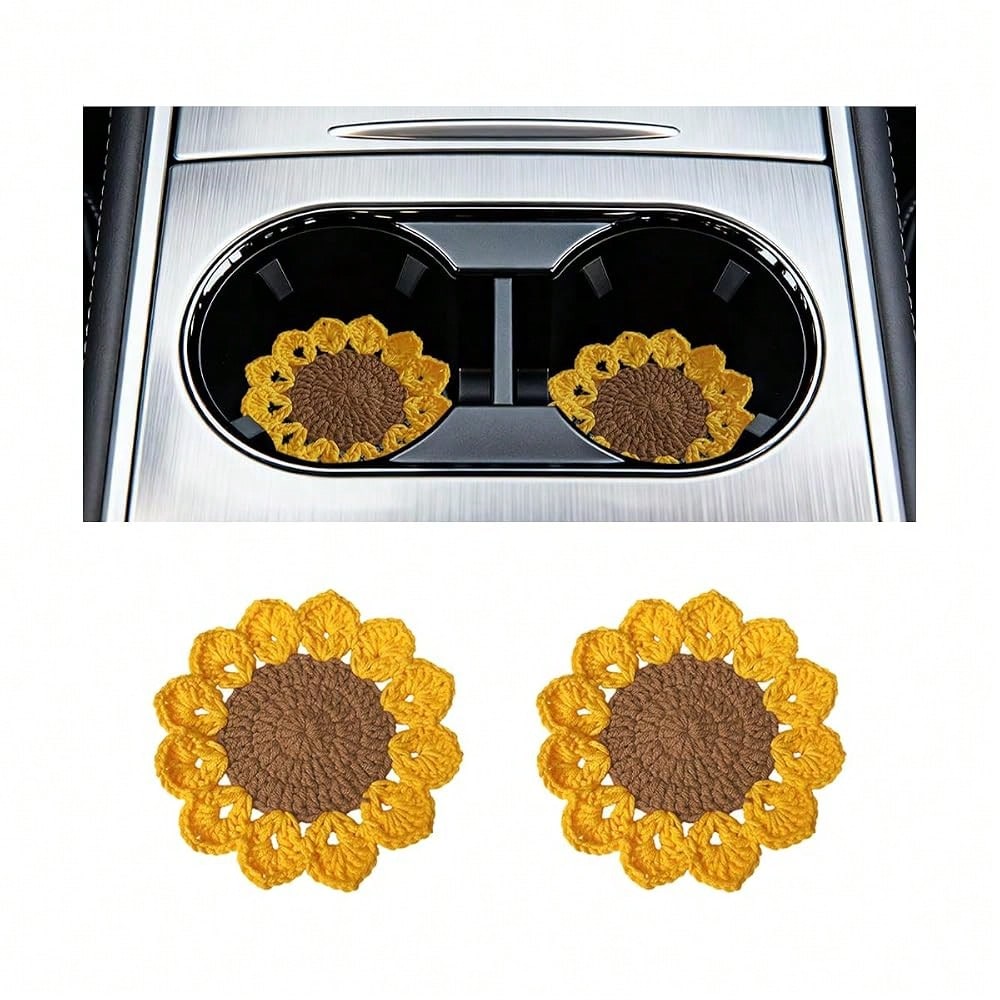 Car Cup Holder Coaster, 2PCS Cute Sunflower Handmade Boho Crotchet Vehicle Cup Holders Insert Mat, Anti Slip Auto Interior Water Bottle