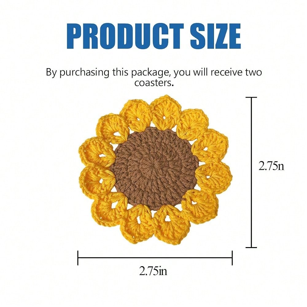 Car Cup Holder Coaster, 2PCS Cute Sunflower Handmade Boho Crotchet Vehicle Cup Holders Insert Mat, Anti Slip Auto Interior Water Bottle