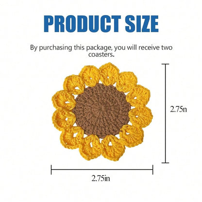 Car Cup Holder Coaster, 2PCS Cute Sunflower Handmade Boho Crotchet Vehicle Cup Holders Insert Mat, Anti Slip Auto Interior Water Bottle