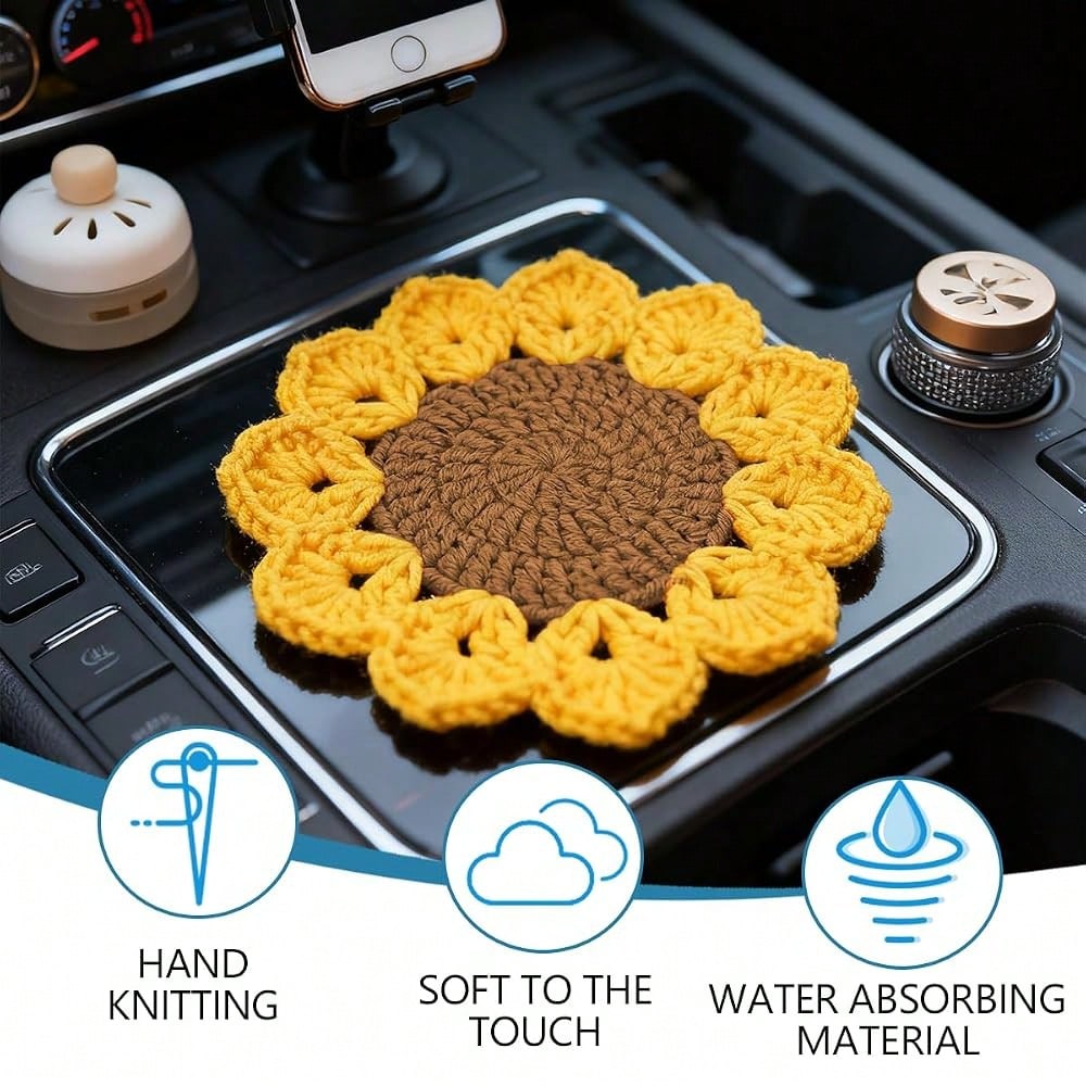 Car Cup Holder Coaster, 2PCS Cute Sunflower Handmade Boho Crotchet Vehicle Cup Holders Insert Mat, Anti Slip Auto Interior Water Bottle