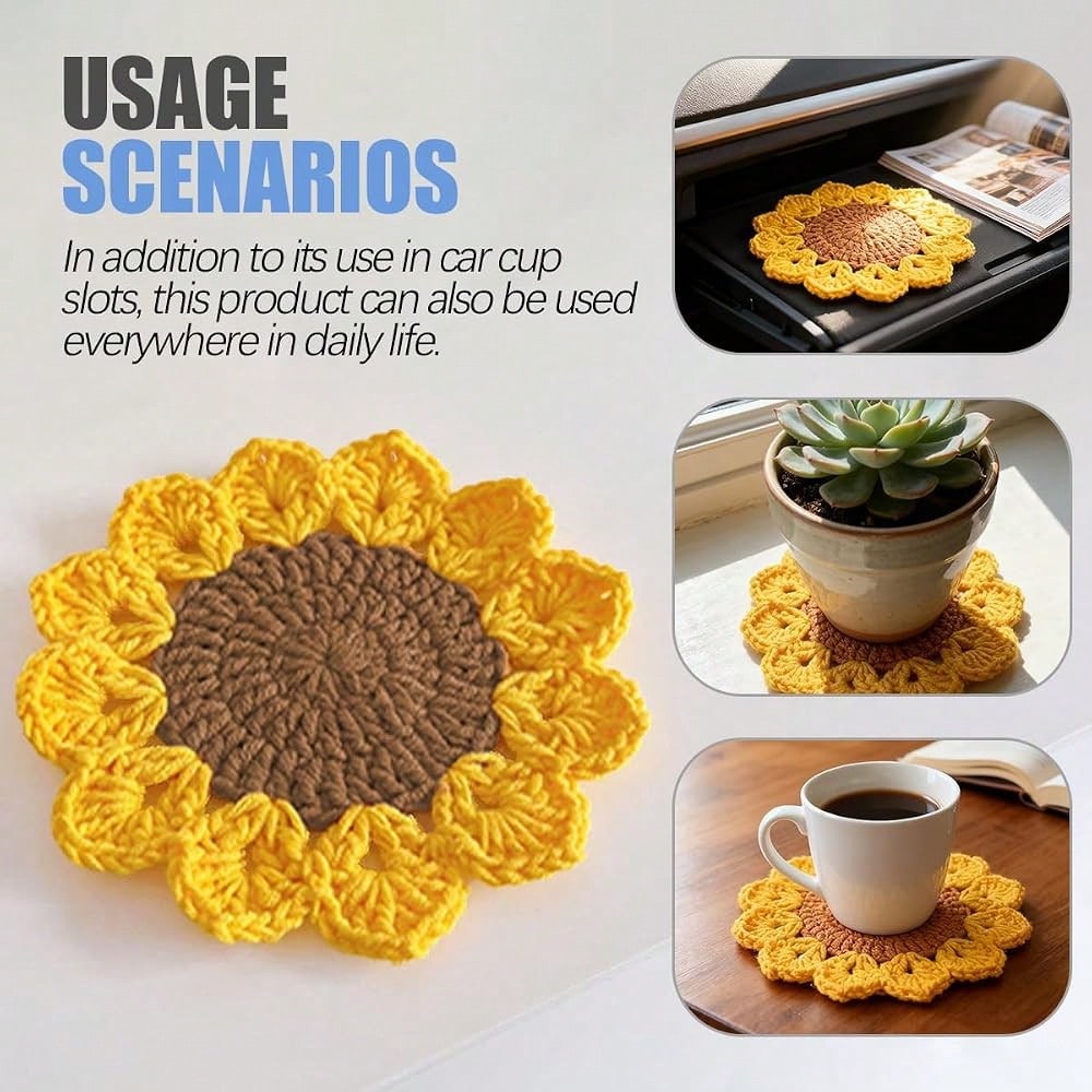 Car Cup Holder Coaster, 2PCS Cute Sunflower Handmade Boho Crotchet Vehicle Cup Holders Insert Mat, Anti Slip Auto Interior Water Bottle