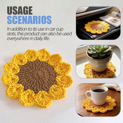 Car Cup Holder Coaster, 2PCS Cute Sunflower Handmade Boho Crotchet Vehicle Cup Holders Insert Mat, Anti Slip Auto Interior Water Bottle