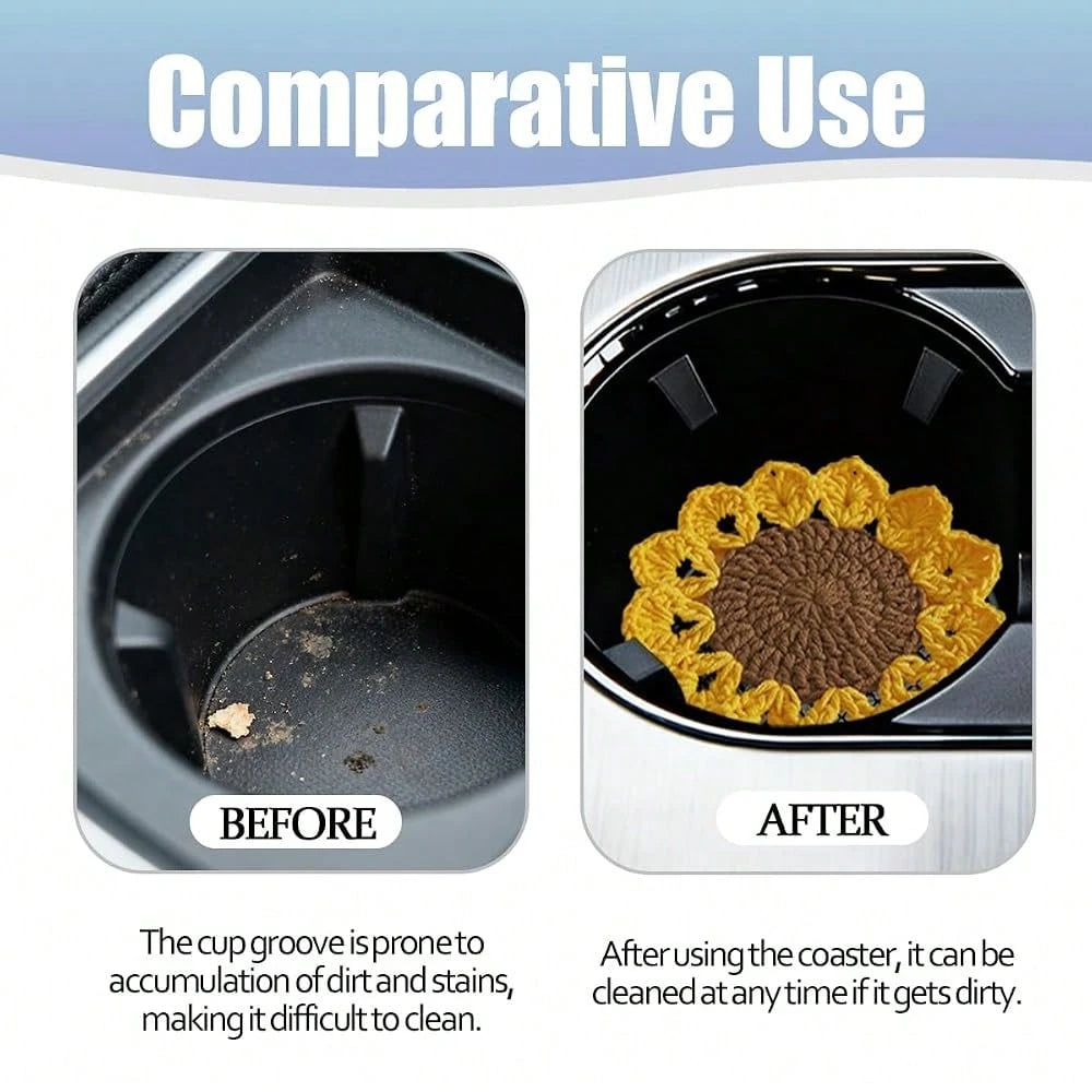 Car Cup Holder Coaster, 2PCS Cute Sunflower Handmade Boho Crotchet Vehicle Cup Holders Insert Mat, Anti Slip Auto Interior Water Bottle