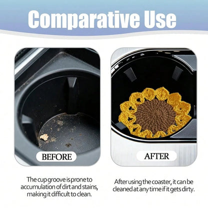 Car Cup Holder Coaster, 2PCS Cute Sunflower Handmade Boho Crotchet Vehicle Cup Holders Insert Mat, Anti Slip Auto Interior Water Bottle