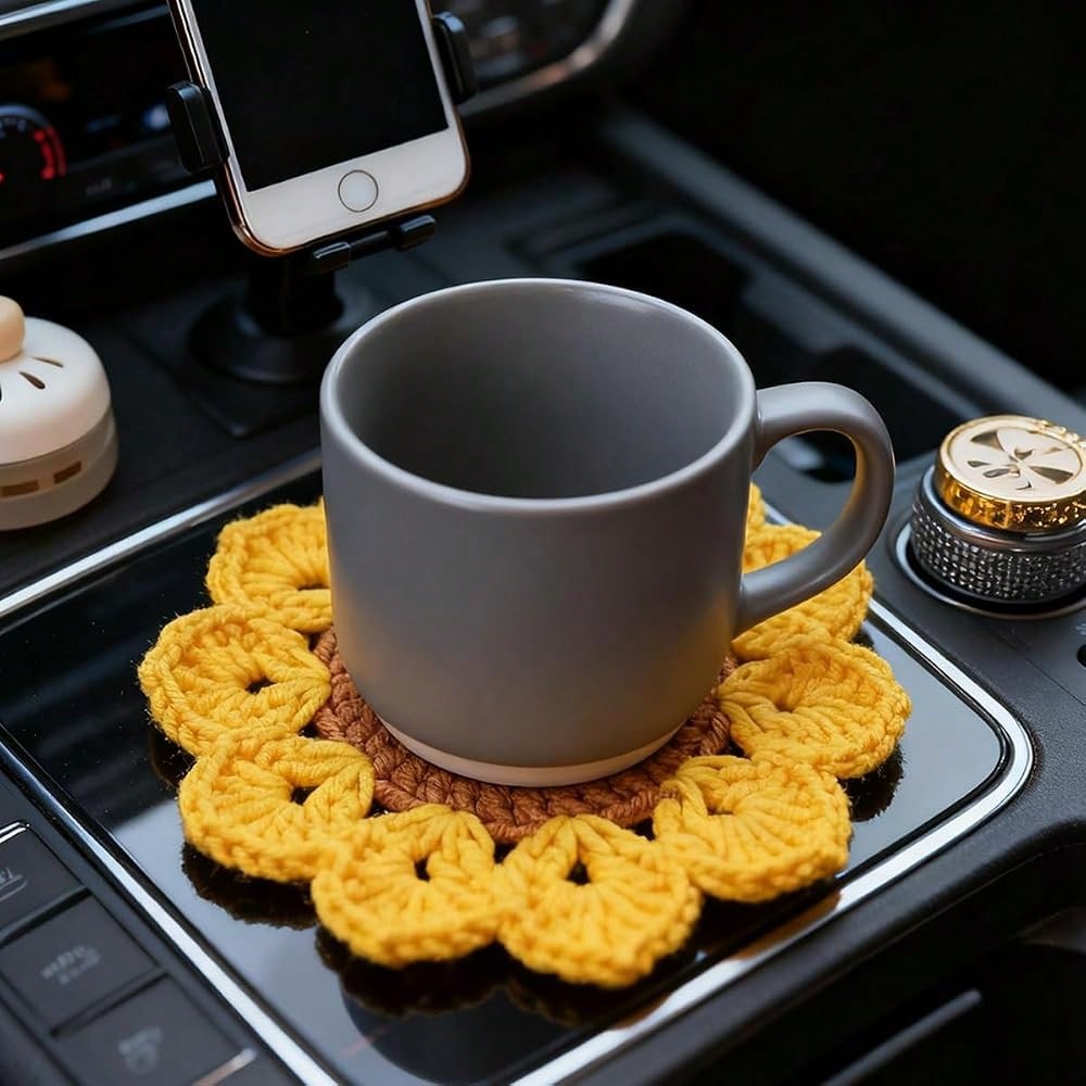 Car Cup Holder Coaster, 2PCS Cute Sunflower Handmade Boho Crotchet Vehicle Cup Holders Insert Mat, Anti Slip Auto Interior Water Bottle