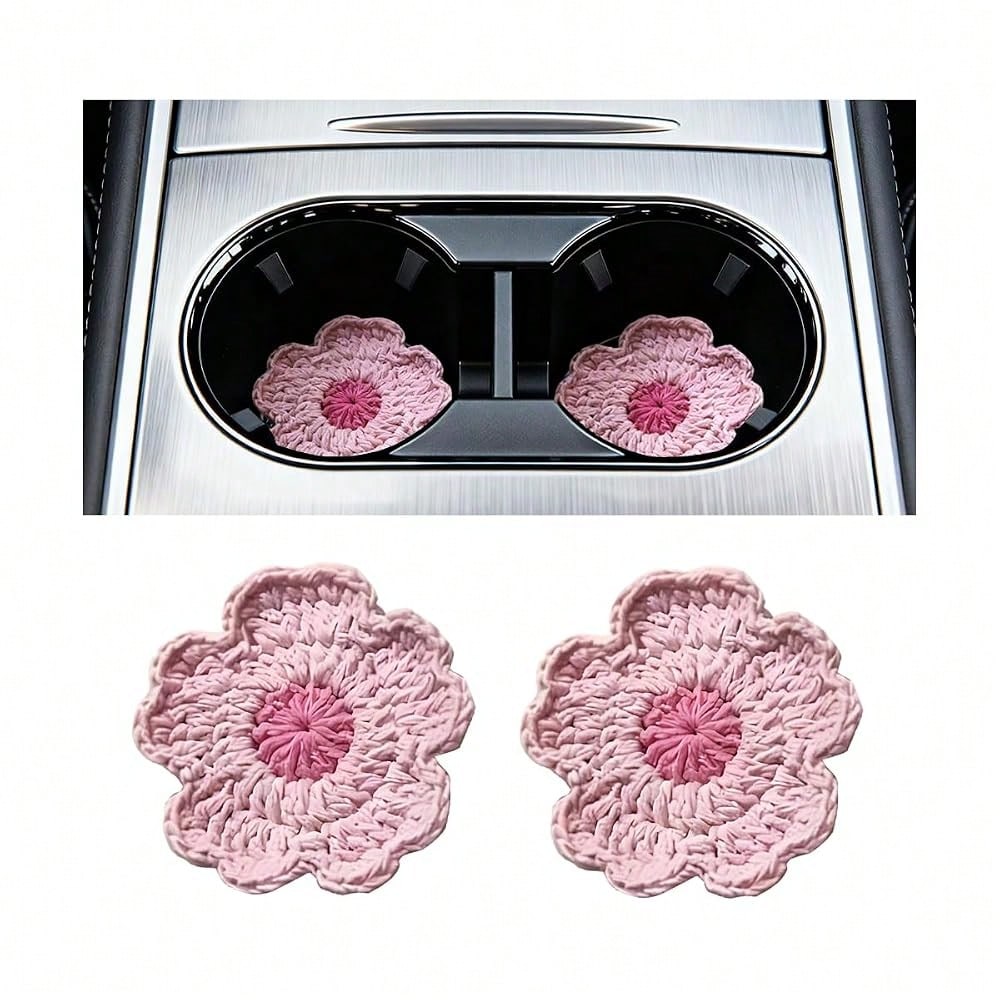 Car Cup Holder Coaster, 2PCS Cute Sunflower Handmade Boho Crotchet Vehicle Cup Holders Insert Mat, Anti Slip Auto Interior Water Bottle