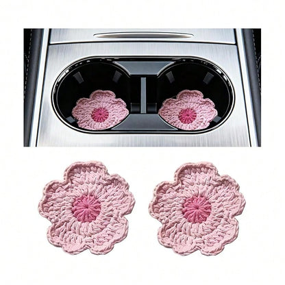 Car Cup Holder Coaster, 2PCS Cute Sunflower Handmade Boho Crotchet Vehicle Cup Holders Insert Mat, Anti Slip Auto Interior Water Bottle