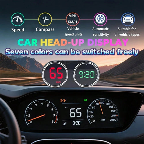 Car HUD Head-Up Display Mile/Kilometer Switch- GPS Digital Head-Up Display Multi-Color Mode, Large Font LED, Real-Time Speed, Compass And Clock, Plug And Play No Battery Required, Universal For Cars