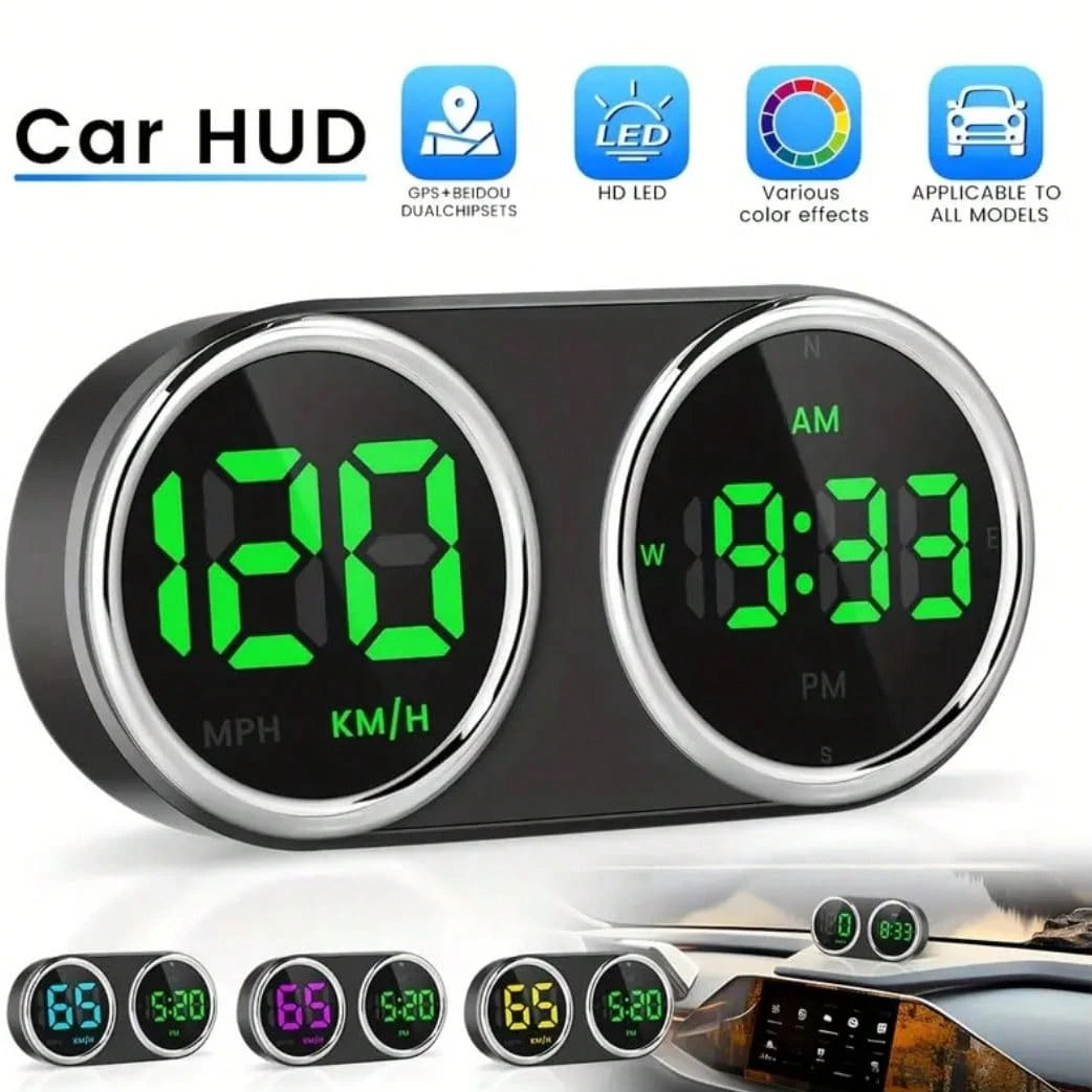 Car HUD Head-Up Display Mile/Kilometer Switch- GPS Digital Head-Up Display Multi-Color Mode, Large Font LED, Real-Time Speed, Compass And Clock, Plug And Play No Battery Required, Universal For Cars