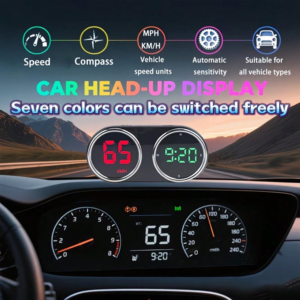 Car HUD Head-Up Display Mile/Kilometer Switch- GPS Digital Head-Up Display Multi-Color Mode, Large Font LED, Real-Time Speed, Compass And Clock, Plug And Play No Battery Required, Universal For Cars