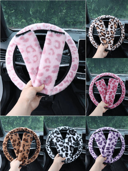Car Interior Set With Plush Leopard Print 3 Piecessteering Wheel Cover And Seat Belt Shoulder Protection Decoration Suitable For Women