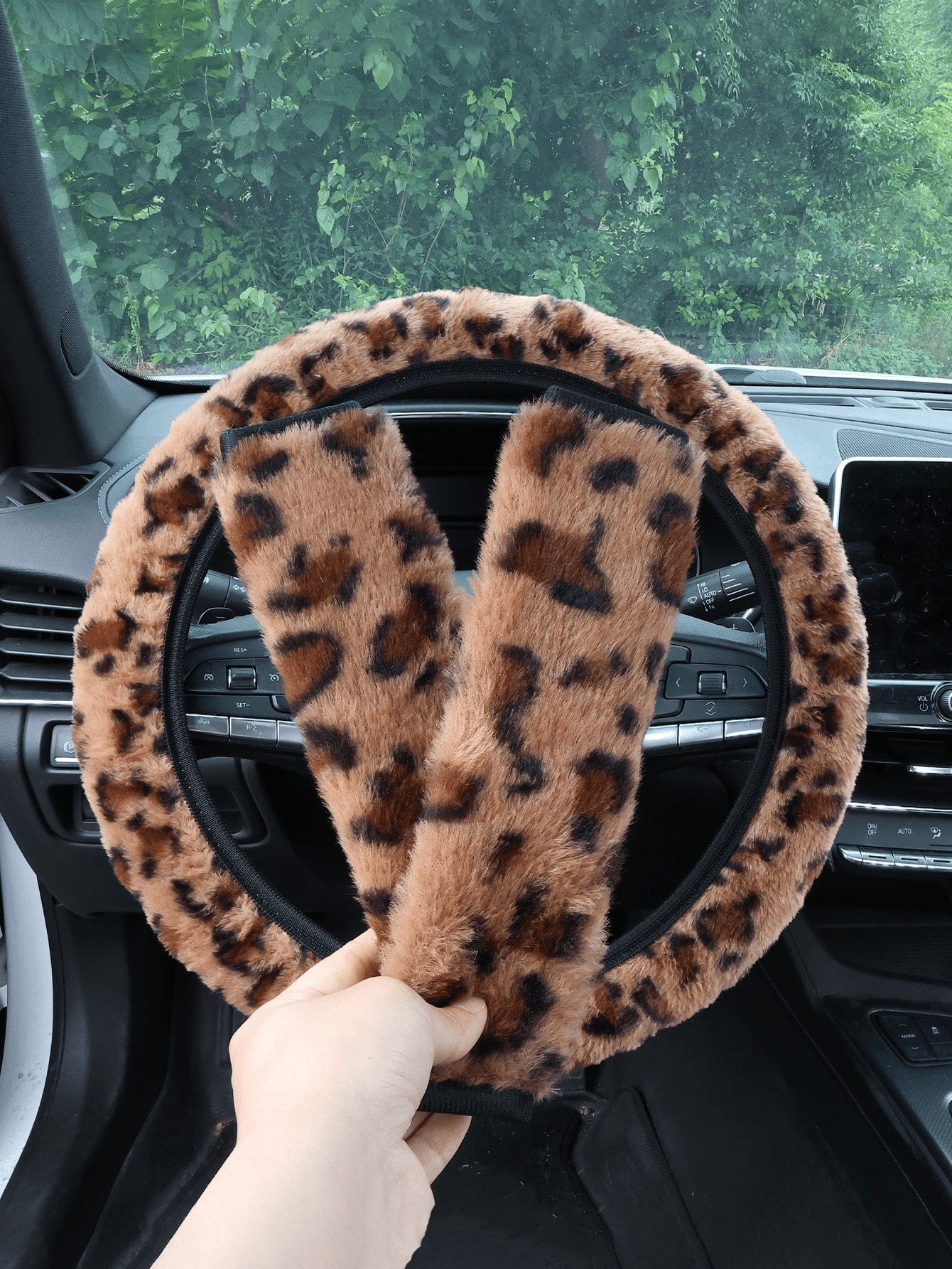 Car Interior Set With Plush Leopard Print 3 Piecessteering Wheel Cover And Seat Belt Shoulder Protection Decoration Suitable For Women