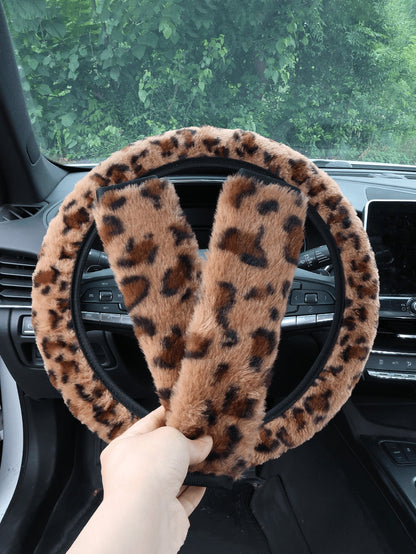 Car Interior Set With Plush Leopard Print 3 Piecessteering Wheel Cover And Seat Belt Shoulder Protection Decoration Suitable For Women