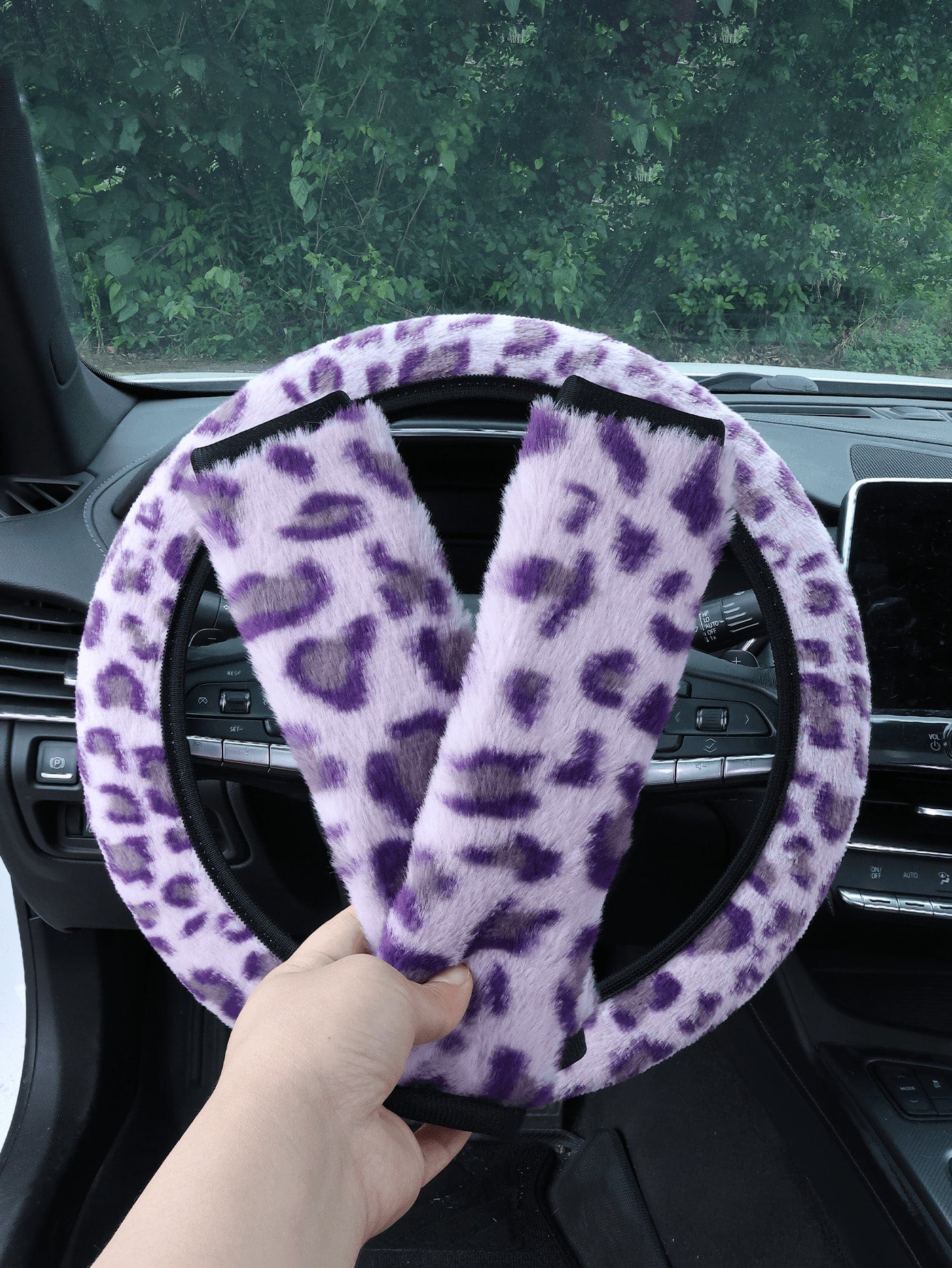 Car Interior Set With Plush Leopard Print 3 Piecessteering Wheel Cover And Seat Belt Shoulder Protection Decoration Suitable For Women