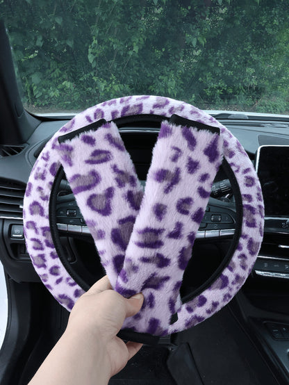 Car Interior Set With Plush Leopard Print 3 Piecessteering Wheel Cover And Seat Belt Shoulder Protection Decoration Suitable For Women