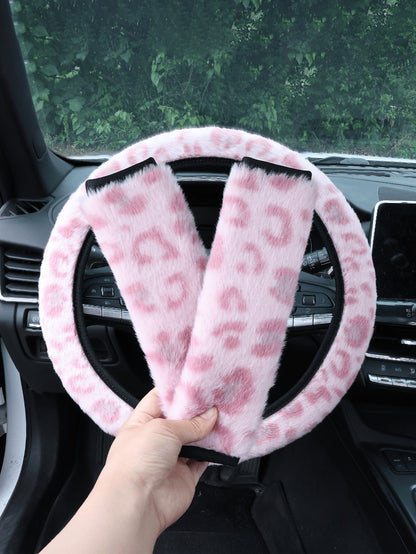 Car Interior Set With Plush Leopard Print 3 Piecessteering Wheel Cover And Seat Belt Shoulder Protection Decoration Suitable For Women