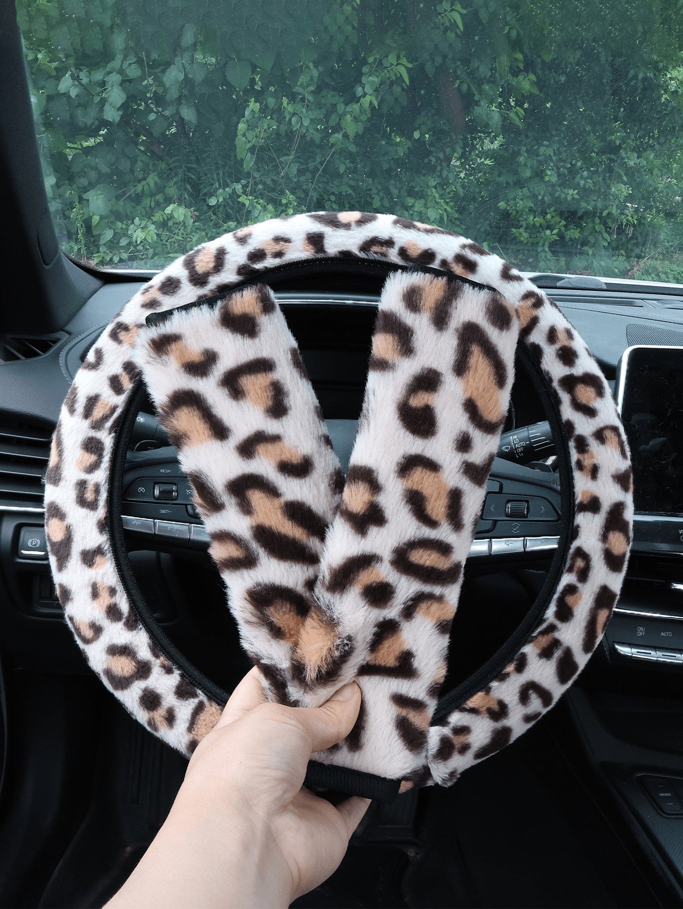 Car Interior Set With Plush Leopard Print 3 Piecessteering Wheel Cover And Seat Belt Shoulder Protection Decoration Suitable For Women