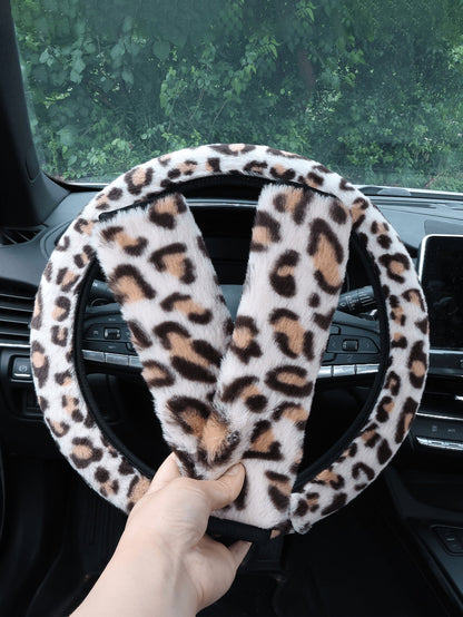 Car Interior Set With Plush Leopard Print 3 Piecessteering Wheel Cover And Seat Belt Shoulder Protection Decoration Suitable For Women