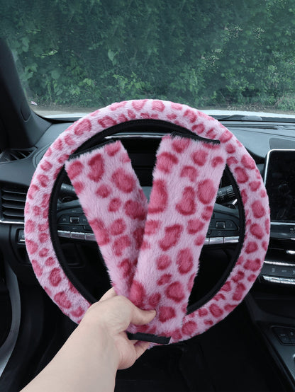 Car Interior Set With Plush Leopard Print 3 Piecessteering Wheel Cover And Seat Belt Shoulder Protection Decoration Suitable For Women